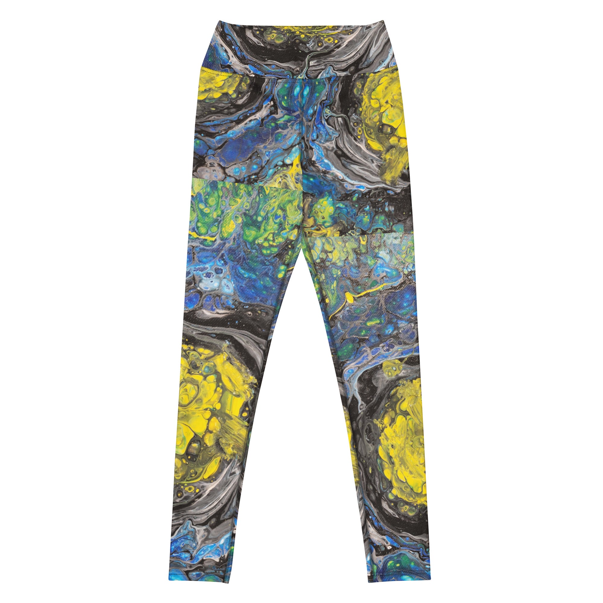 Colorful marbled leggings on a white background