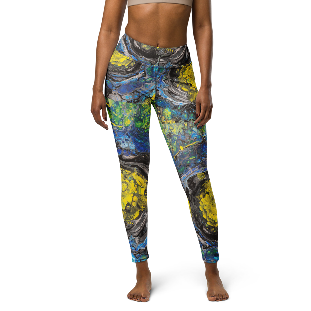 Colorful patterned leggings worn by a person on a white background