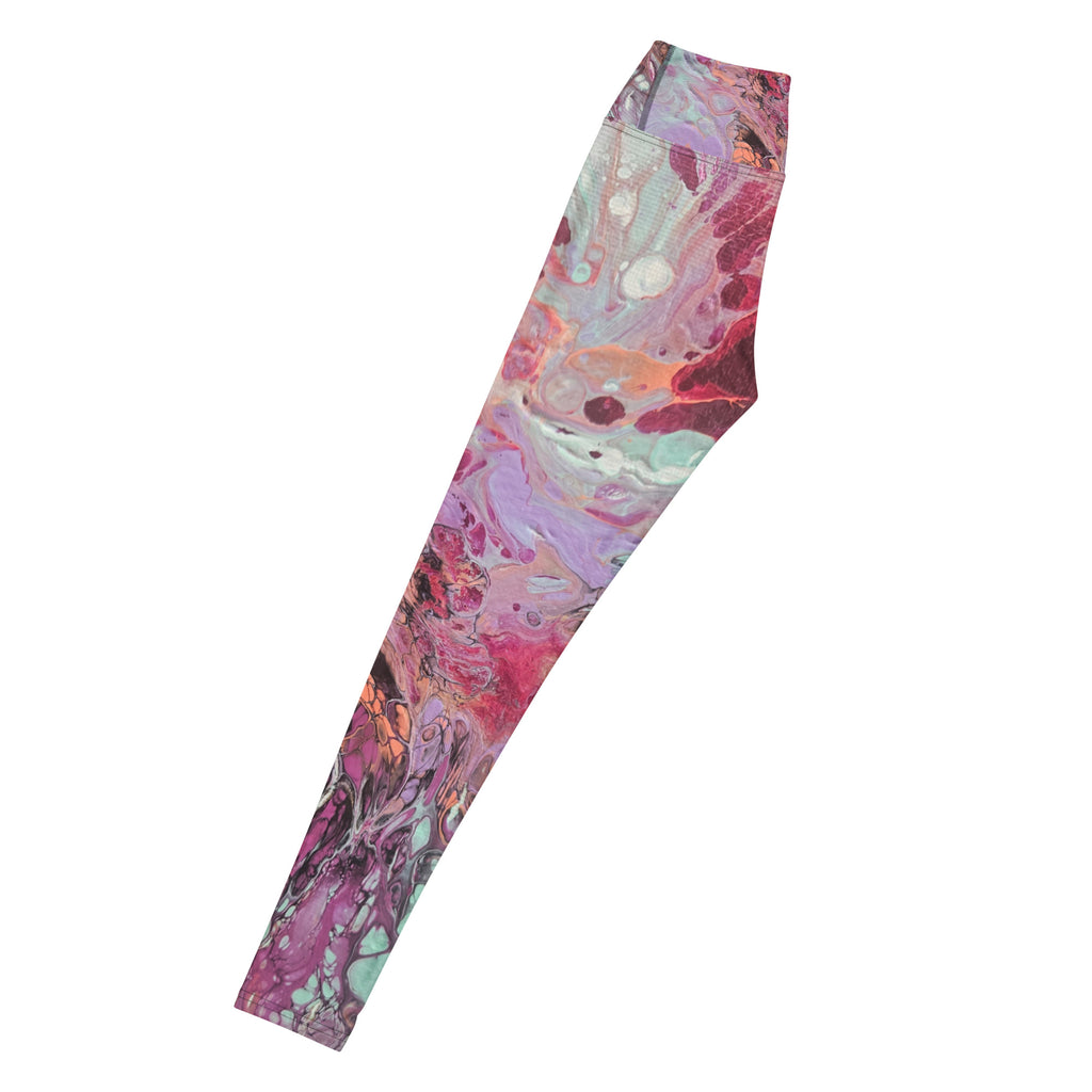 Colorful marbled patterned leggings on a white background