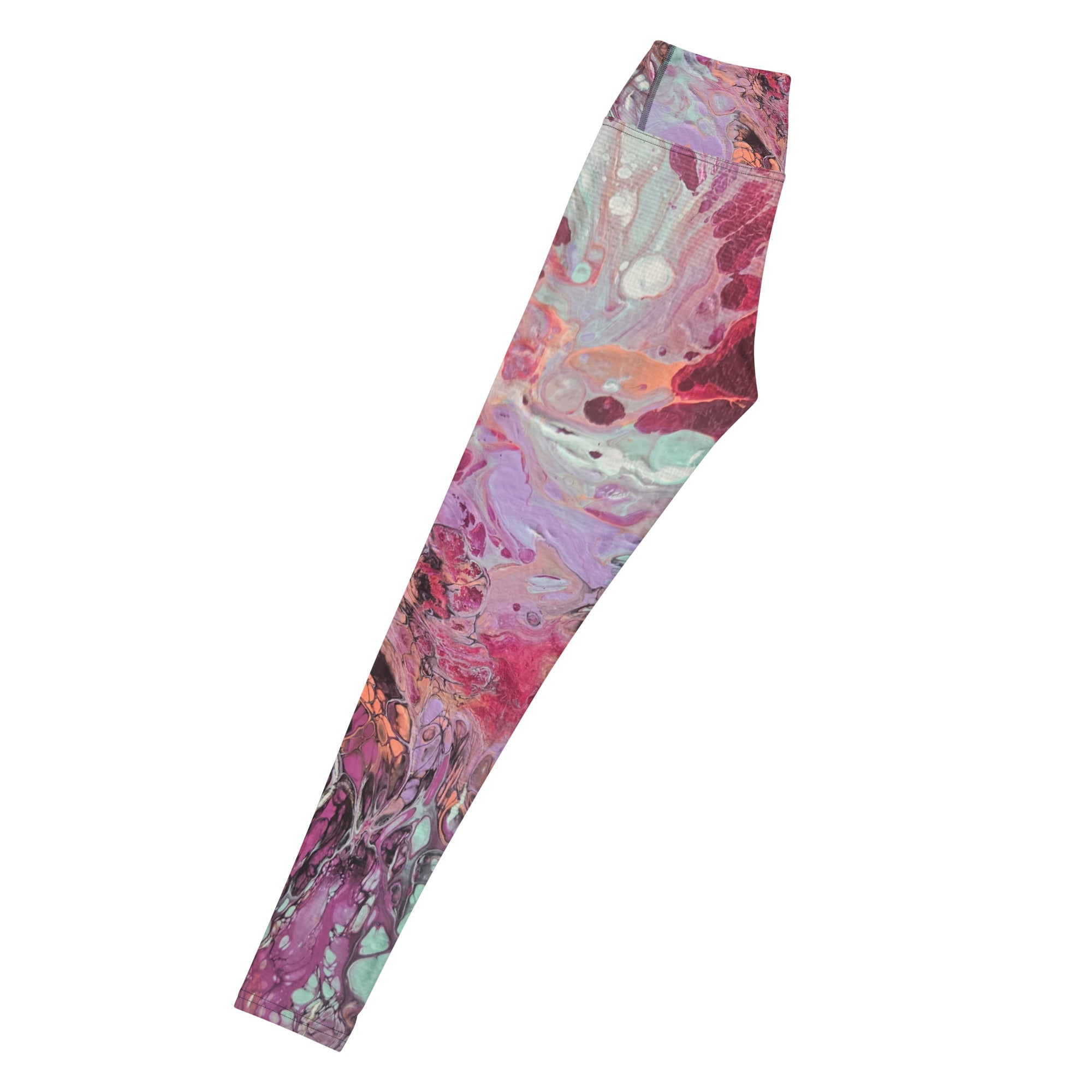 Colorful marbled patterned leggings on a white background