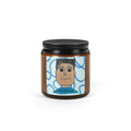 Candle jar with a cartoon character label on a white background