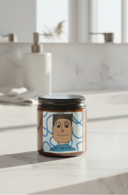 Candle jar with a cartoon character label on a white background