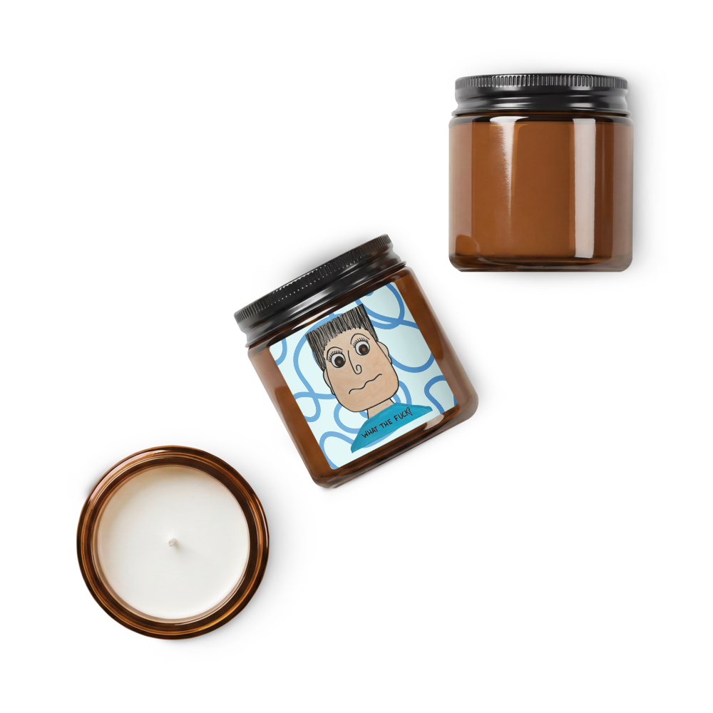 Two candles with cartoon character labels on a white background