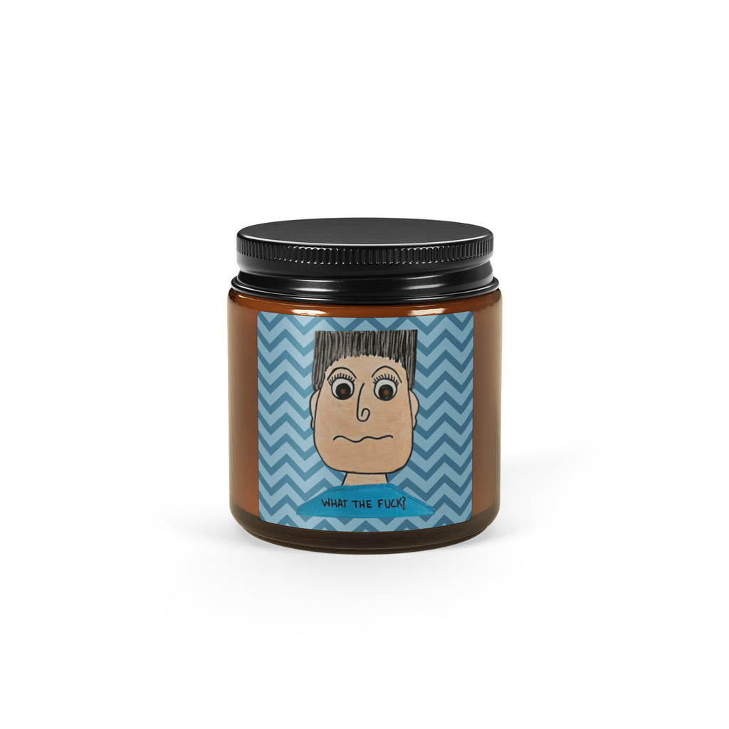 Candle jar with a cartoon character label on a white background
