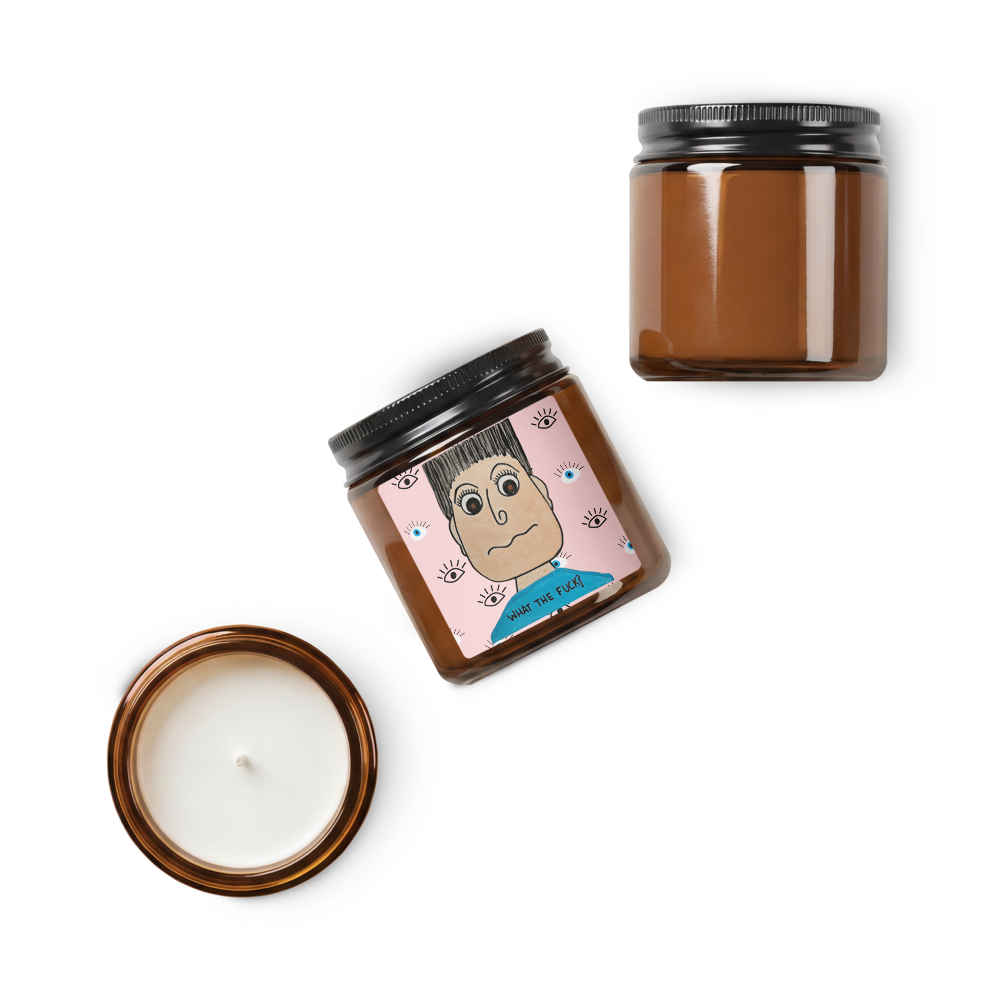 Two candles with artistic labels on a white background