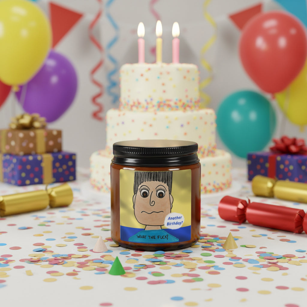 Candle jar with a cartoon face label on a white background