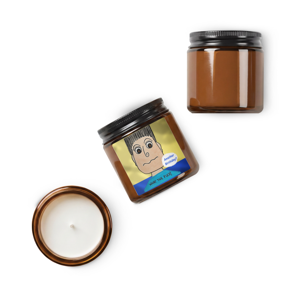 Brown candle jar with a cartoon character label on a white background