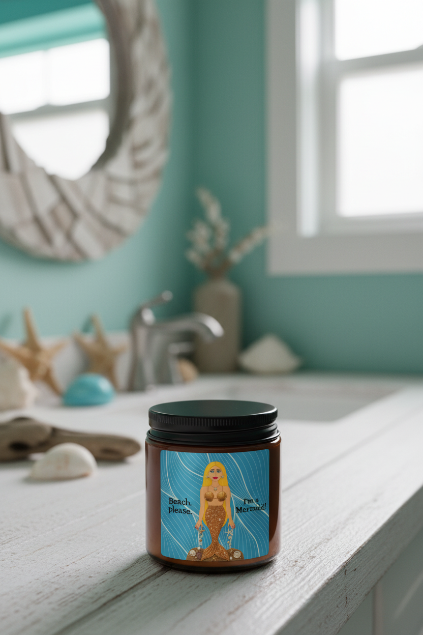 An amber glass jar candle with a black metal lid and a colorful mermaid-themed label, shown on a plain white background.