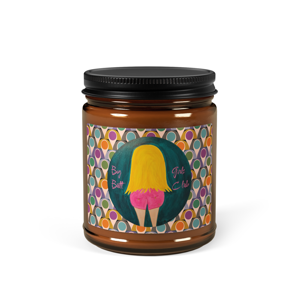 Candle jar with colorful label featuring a stylized illustration on a white background