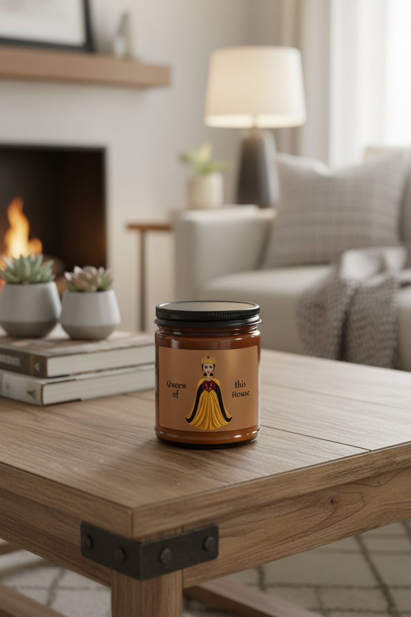 An amber glass jar candle with a black metal lid and a tan label featuring an illustration of a queen in a yellow gown and crown, with the text 'Queen of this House'.