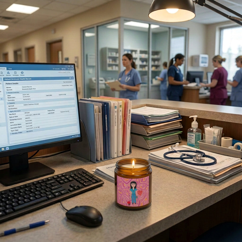 image of a whimsical character nurse candle sitting a work station in a hospital