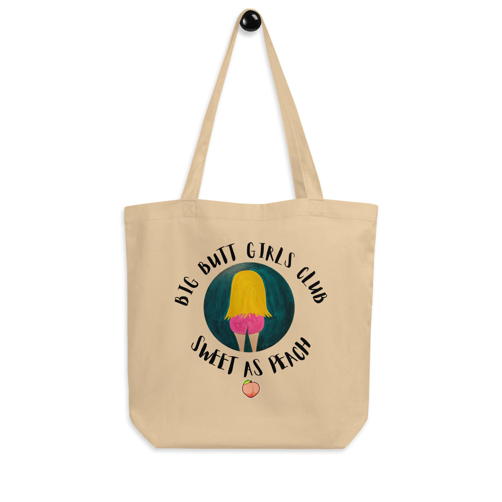 Beige tote bag with graphic design and text on a white background