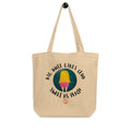 Beige tote bag with graphic design and text on a white background