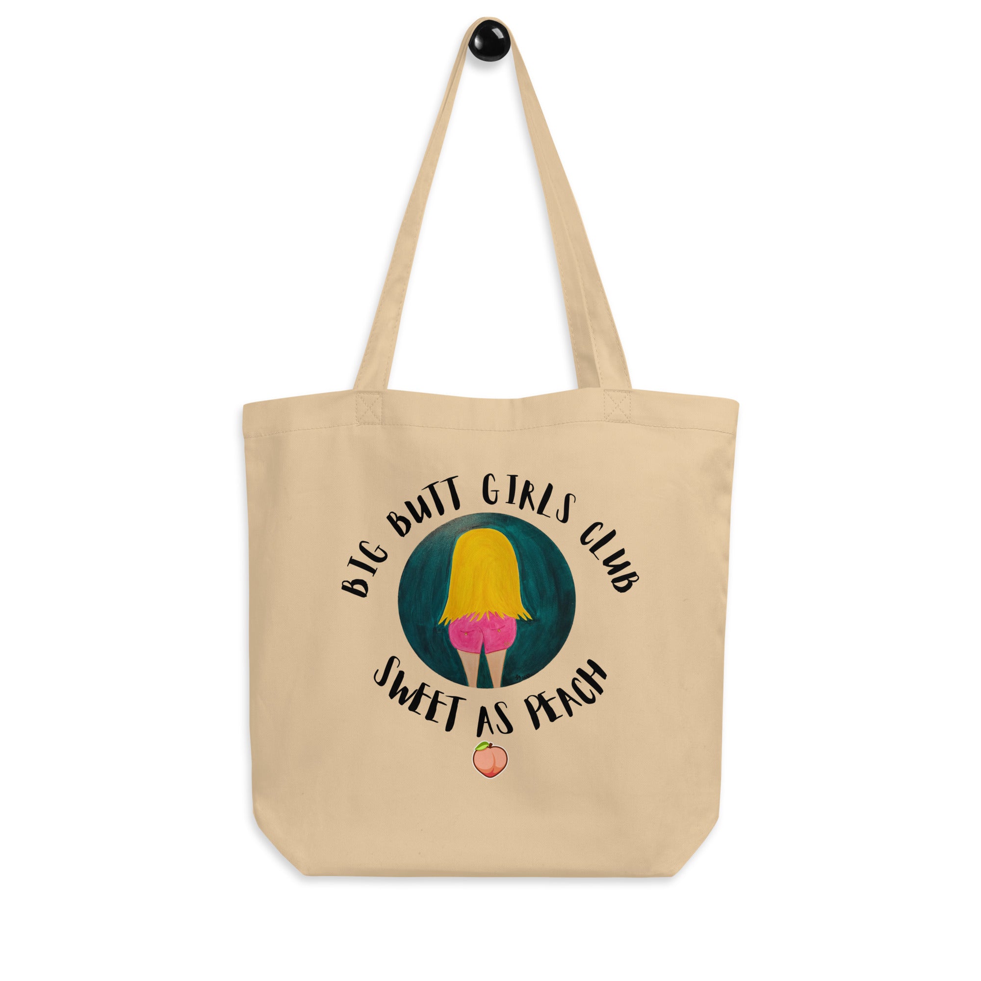 Beige tote bag with graphic design and text on a white background