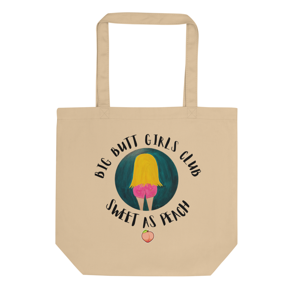 Beige tote bag with graphic design and text on a white background