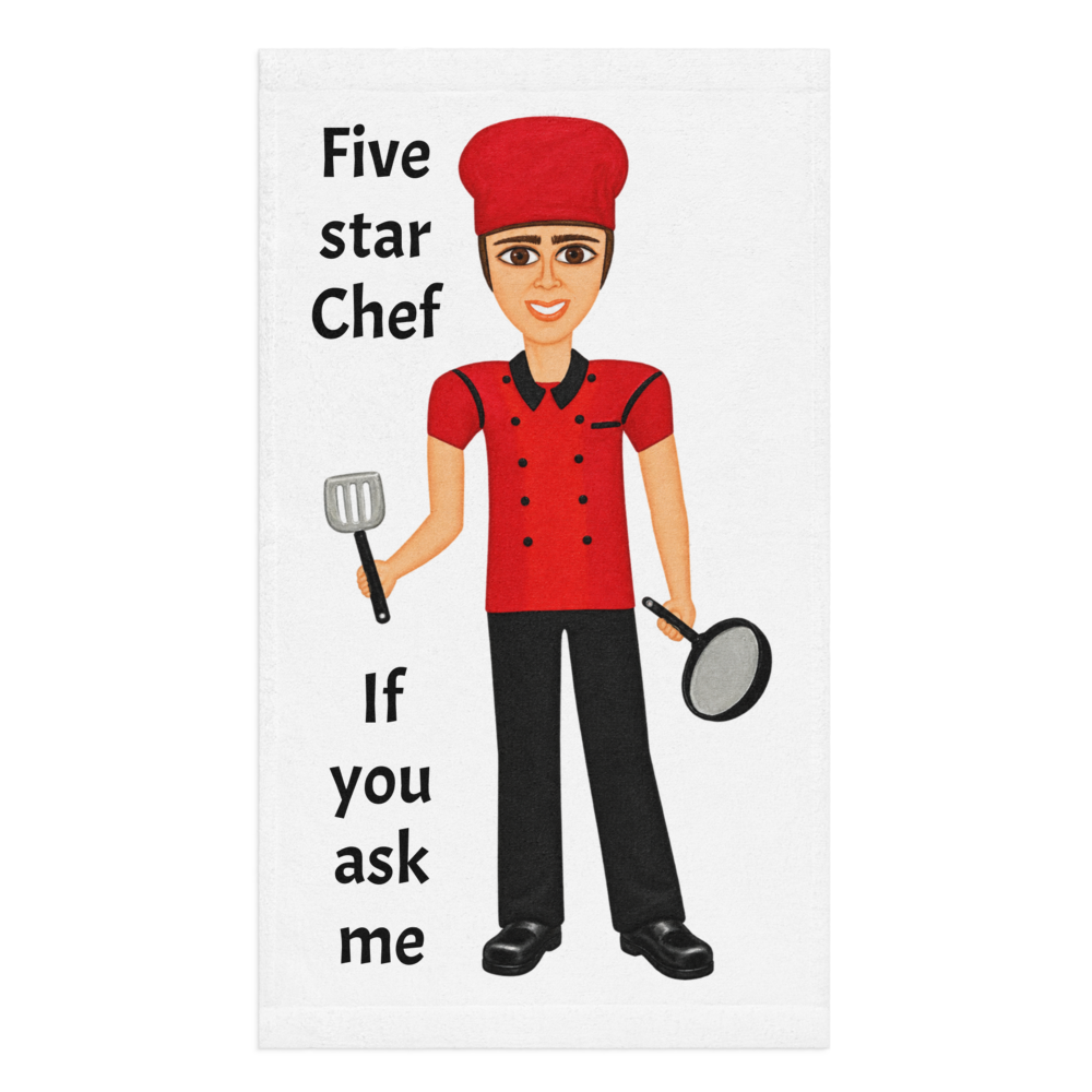 picture of a kitchen hand towel with a whimsical male chef on a white background