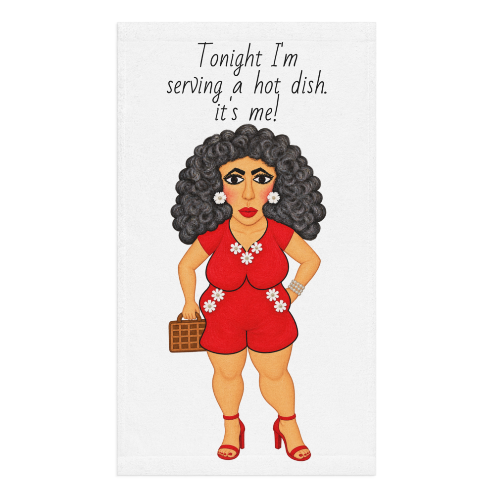 picture of a white kitchen hand towel on a white background with a whimsicl character