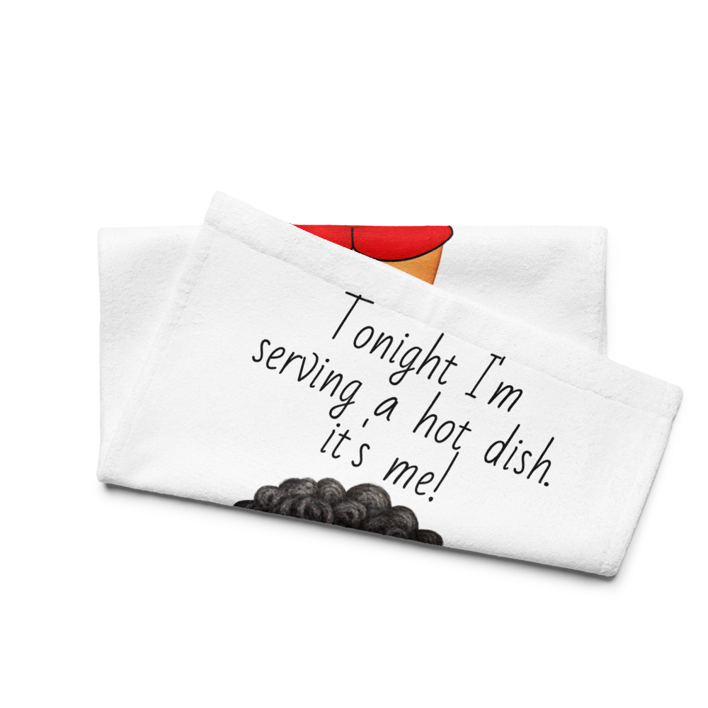 picture of a white kitchen hand towel on a white background with a whimsicl saying