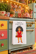 picture of a whimsical cartoon woman character kitchen hand towel hanging from the stove