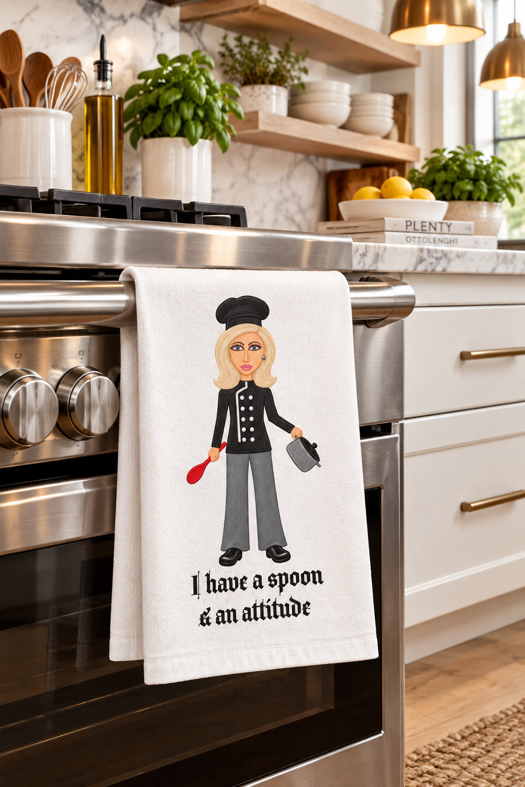 Picture of kitchen hand towel hanging in a modern day chef inspired kitchen of a whimsical lady chef cartoon