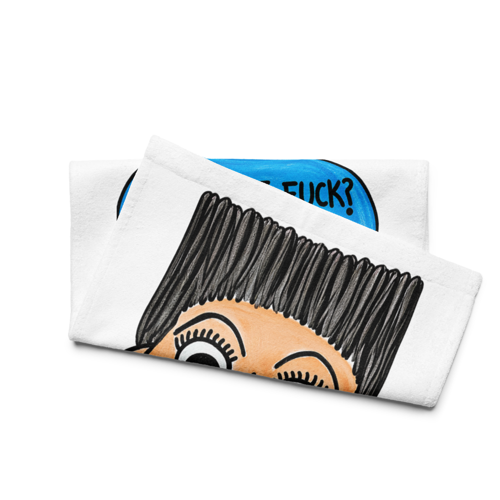 side view of a whimsical character kitchen hand towel on a white background