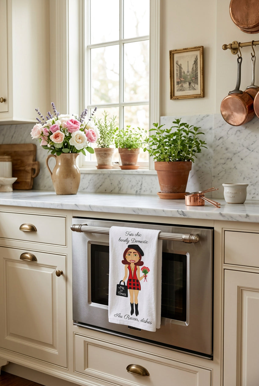 Whimsical Parisian Character kitchen hand towel in a Parisian style kitchen