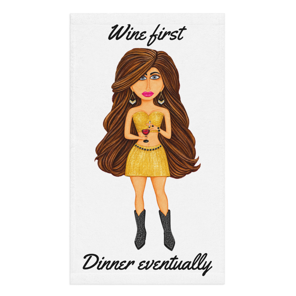 kitchen hand towel with a whimsical character holding a glass of wine on a white background