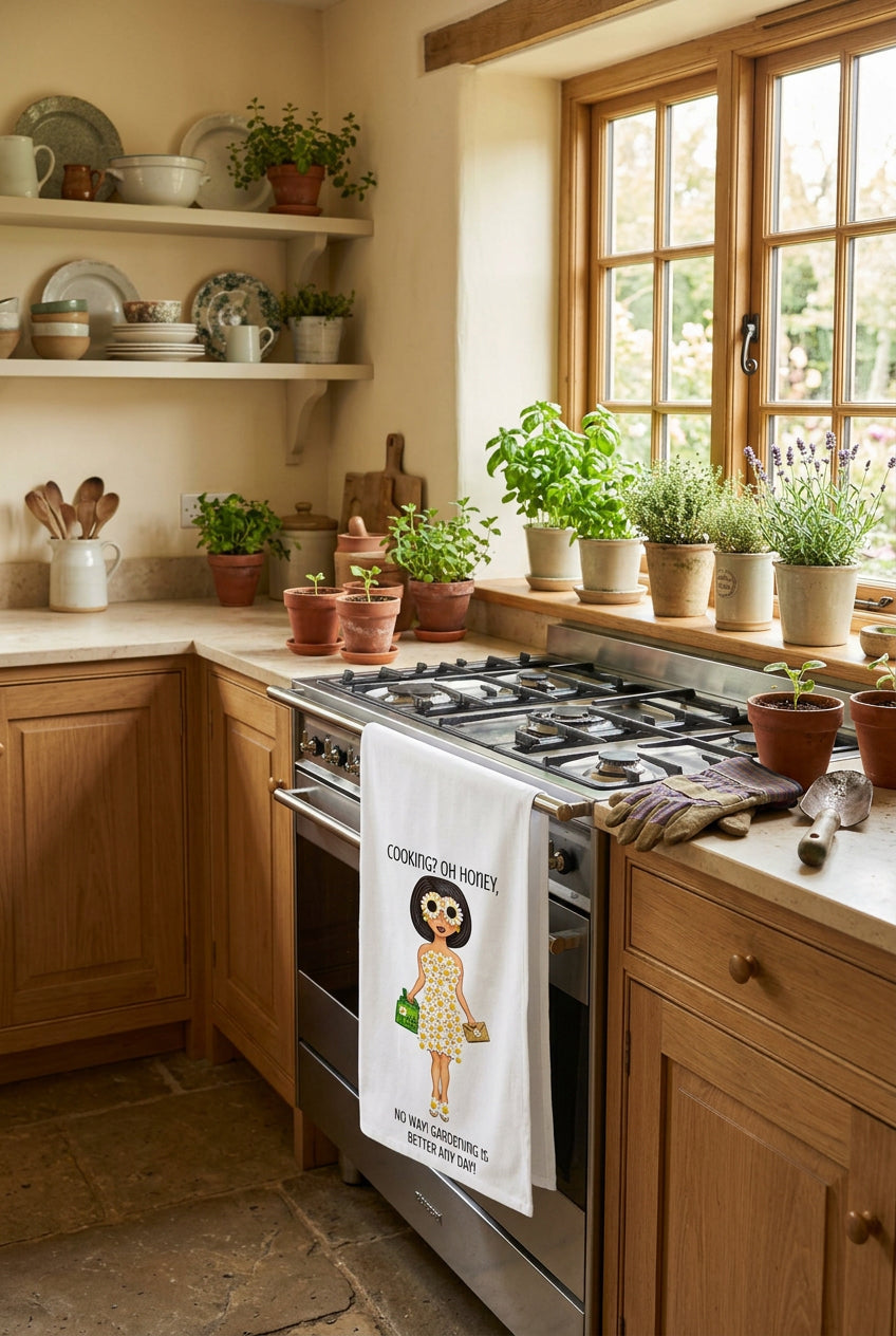 kitchen hand towel with an image of a whimsical woman dressed in daisys on a kitchen stove handle