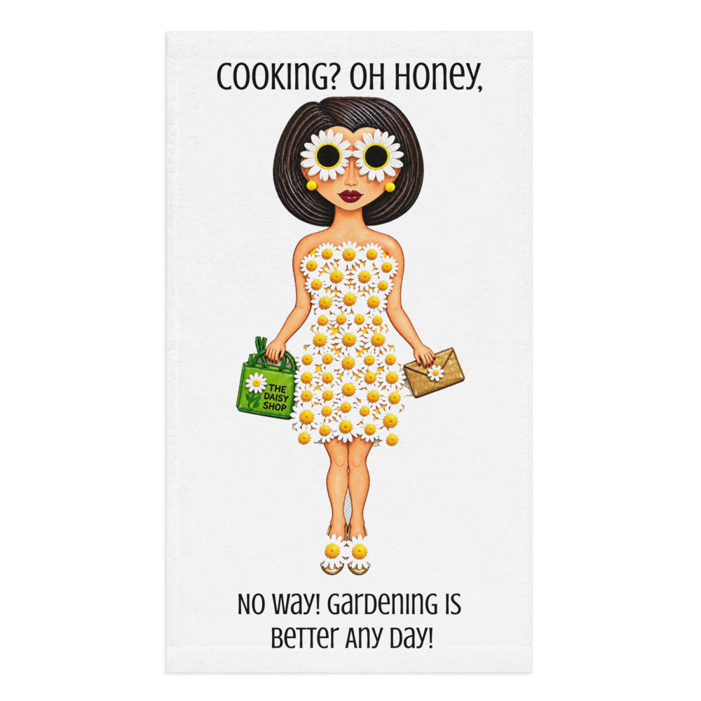 a kitchen hand towel with a whimsical character dressed in daisys on a white background