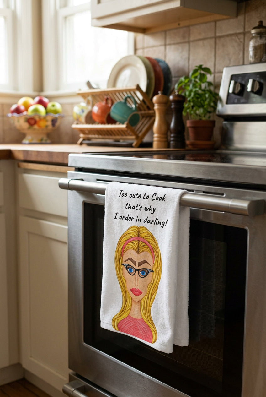 a whimiscal character kitchen hand towel hanging in a family kitchen on the stove