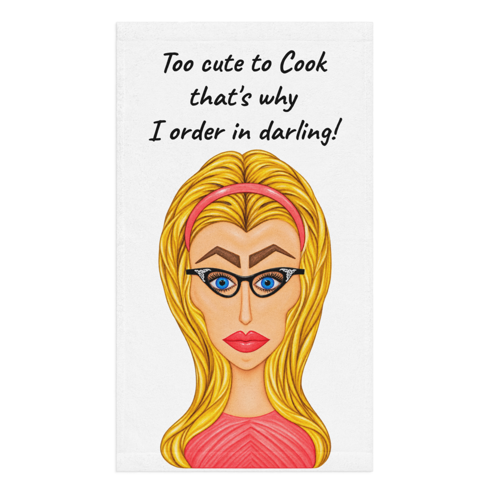 whimsical character kitchen hand towel on a white background