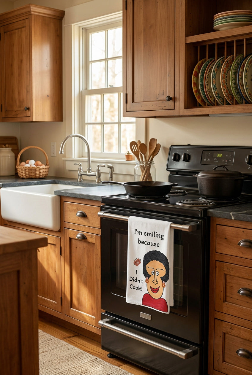 a whimsical character kitchen hand towel on a stove in a southern style kitchen