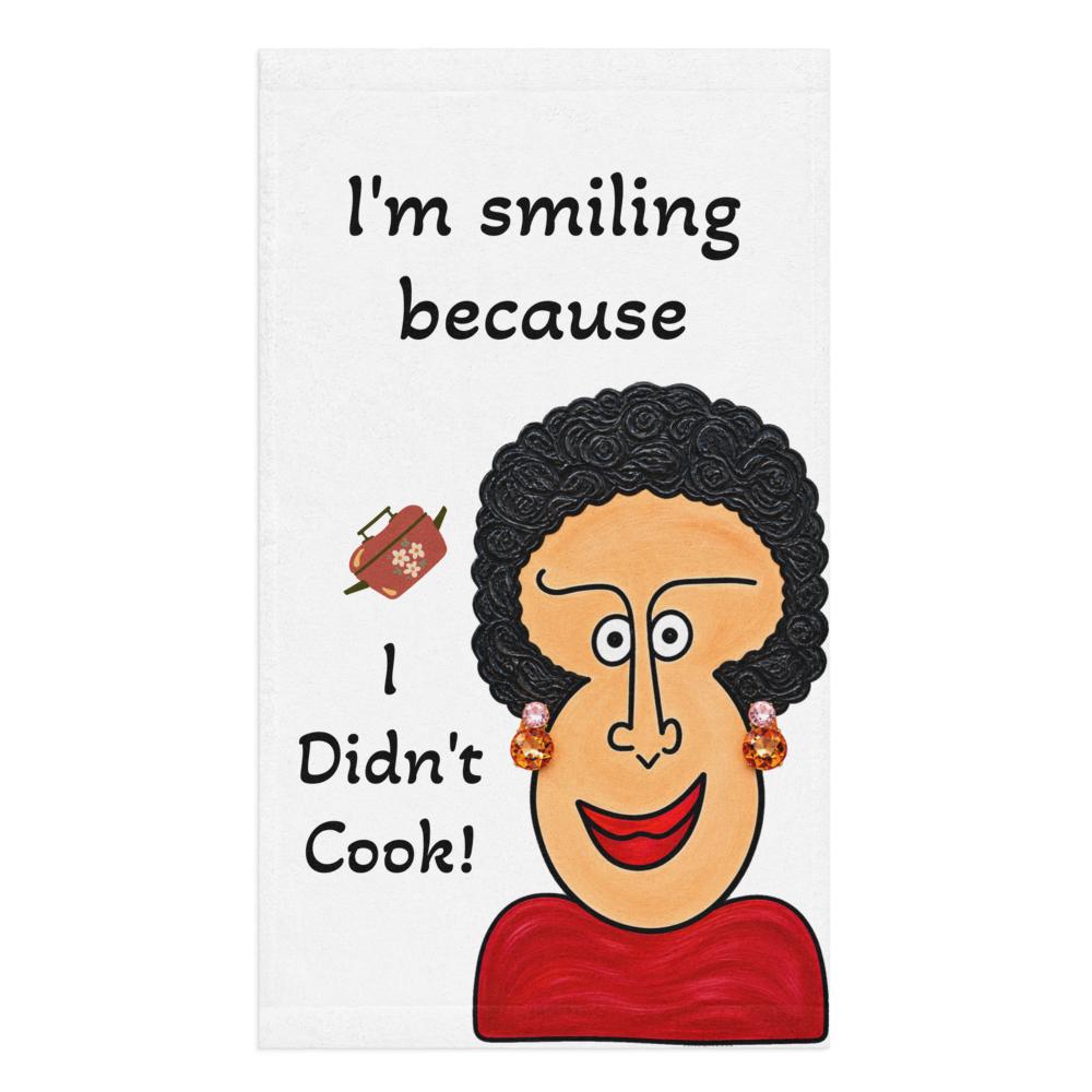 whimsical character kitchen hand towel on a white background