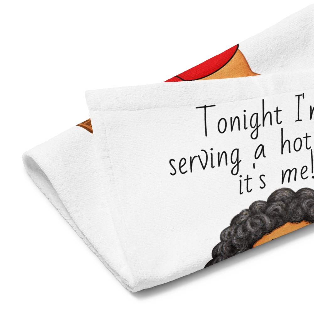 picture of a white kitchen hand towel on a white background with a whimsicl saying