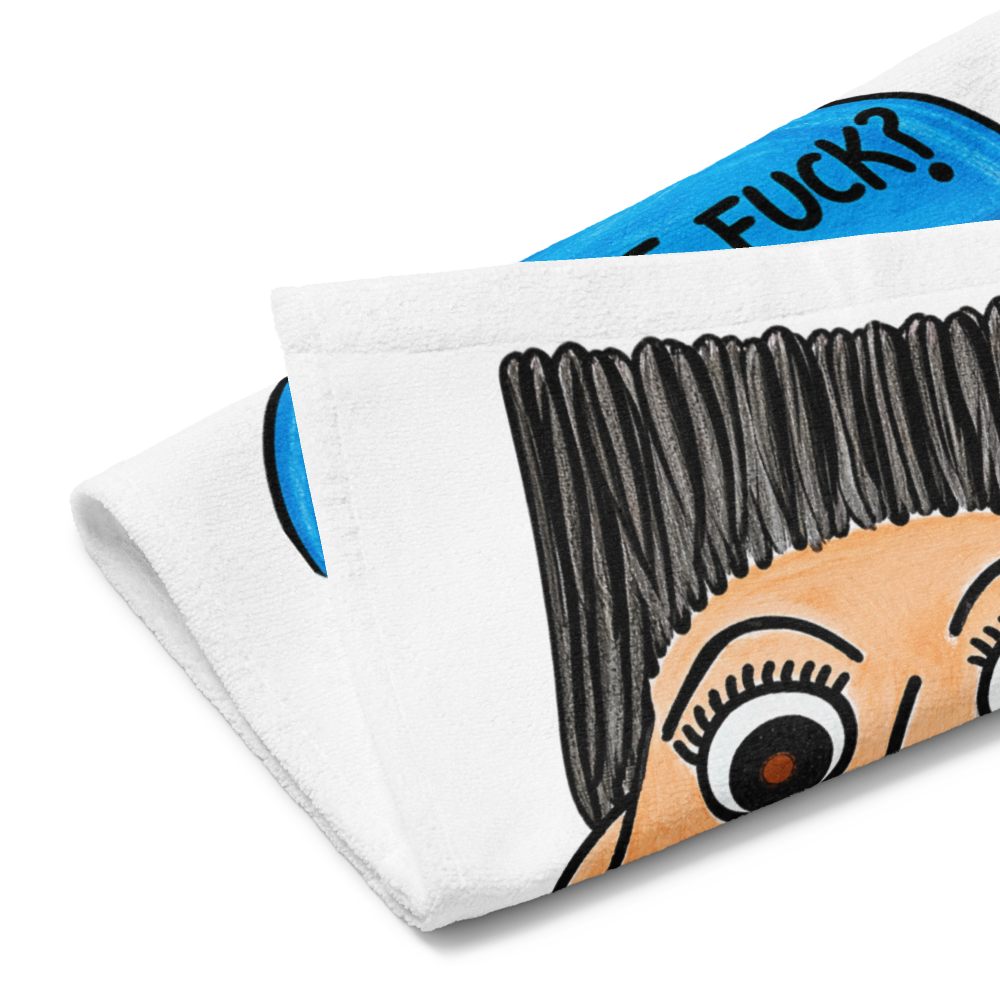 side view of a whimsical character kitchen hand towel on a white background