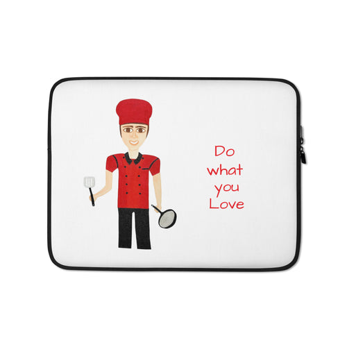 Laptop sleeve with a chef illustration and 'Do what you love' text on a white background
