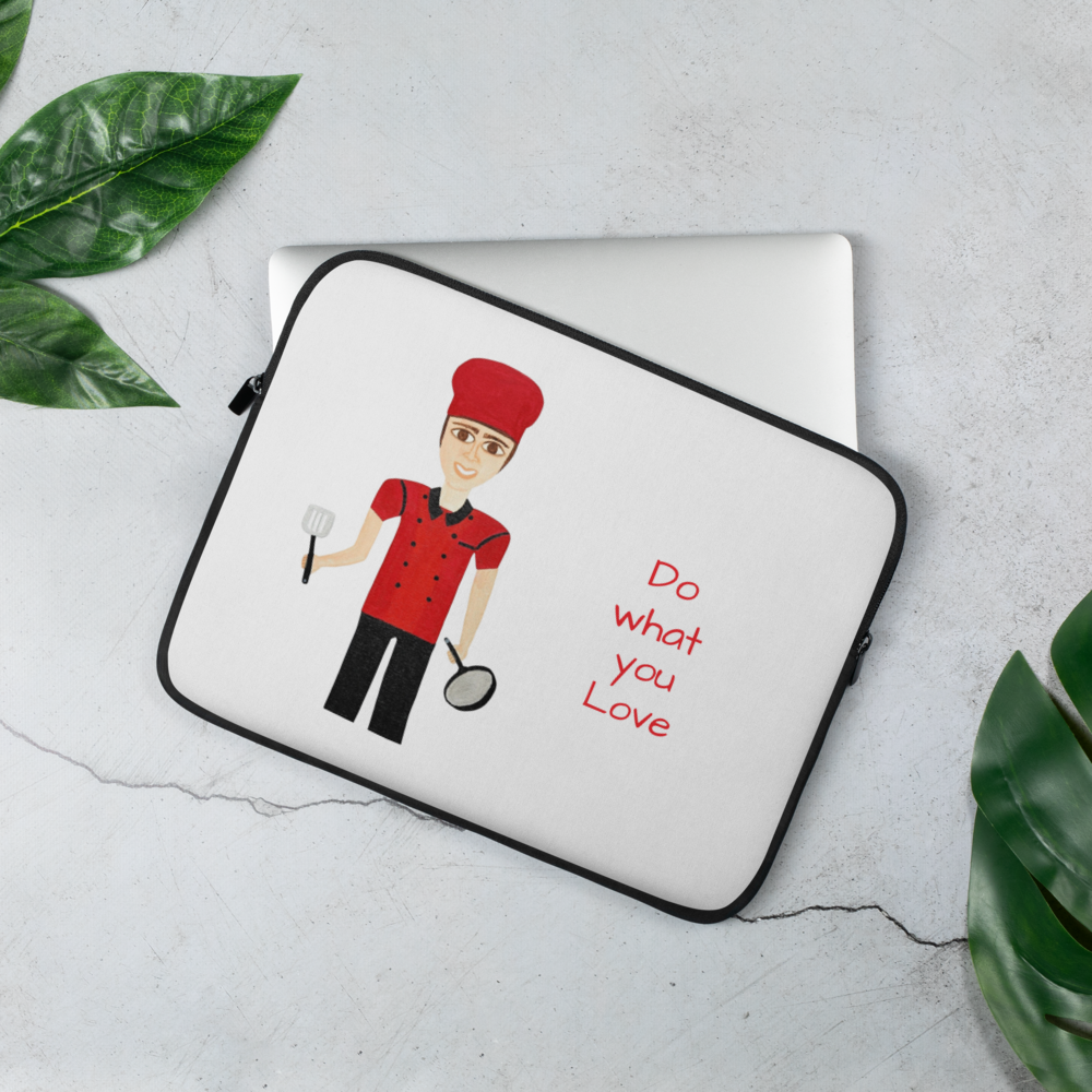 Laptop sleeve with illustration of a person in a red shirt and cap, holding a tennis racket, on a light gray background.