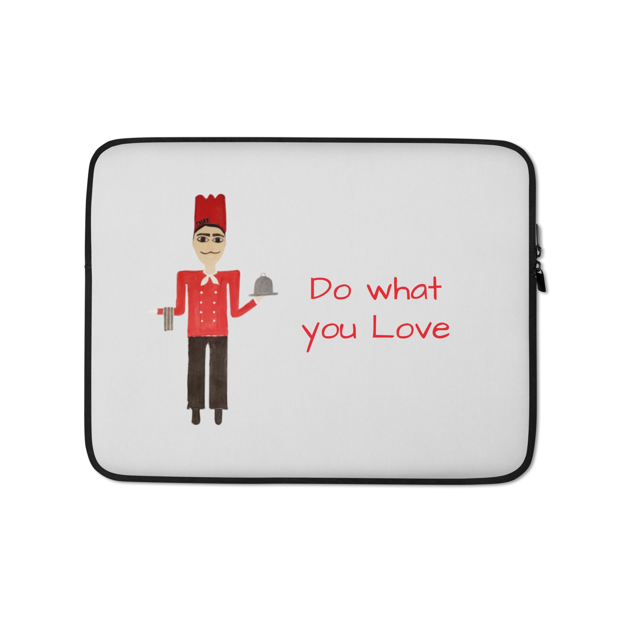 Laptop sleeve with cartoon character and 'Do what you love' text on a white background