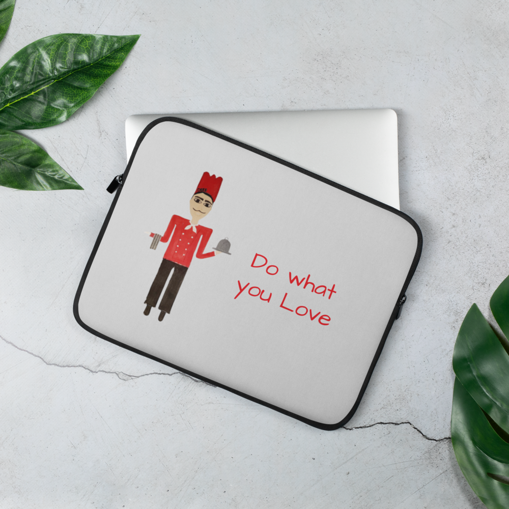 Laptop sleeve with a design of a person in a red outfit and text 'Do what you love' on a light gray background.