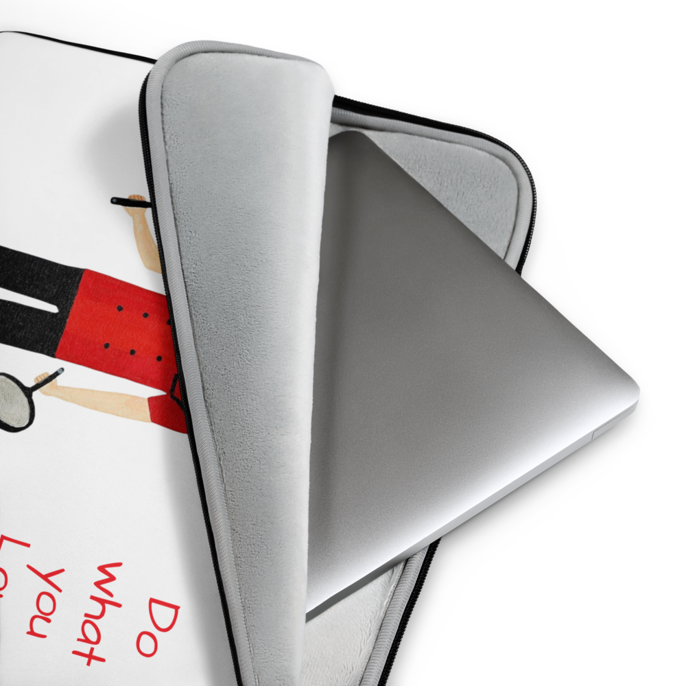 Gray laptop case with a design of a person holding a megaphone and text on a white background