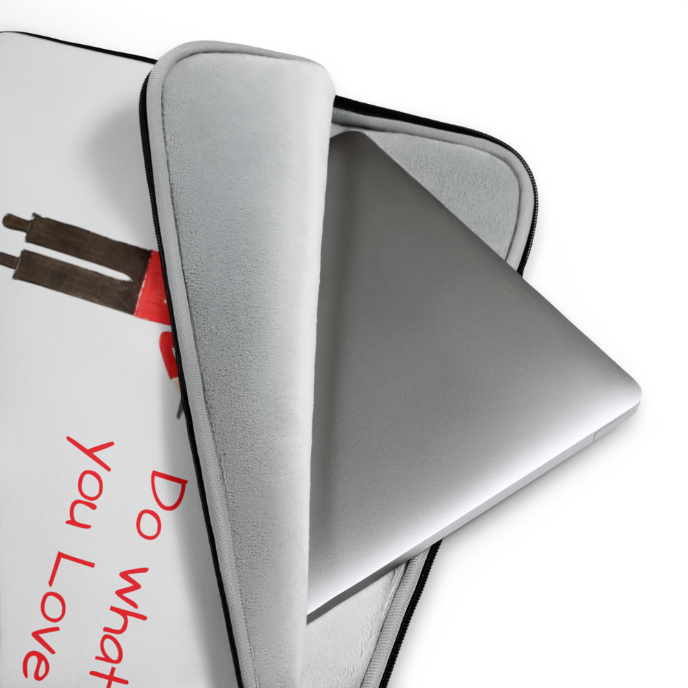 Gray laptop sleeve with text on a white background
