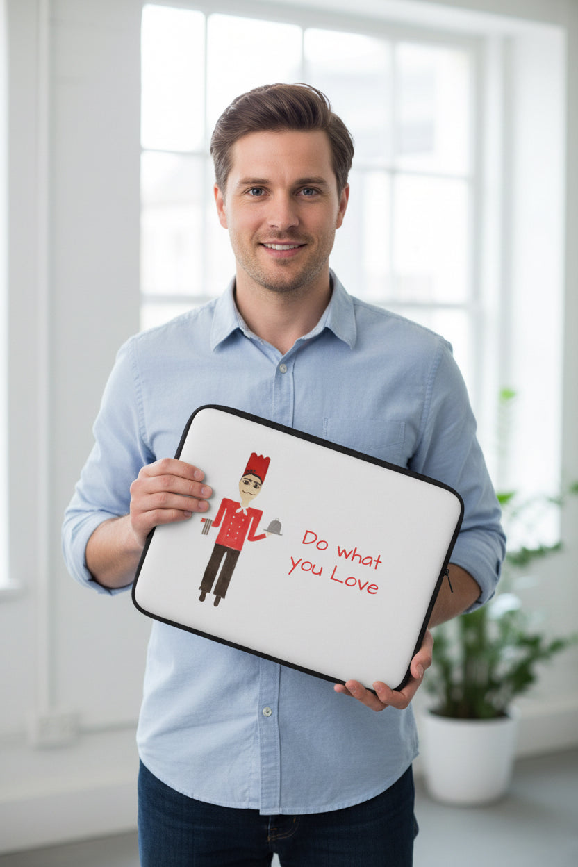Laptop sleeve with cartoon character and 'Do what you love' text on a white background