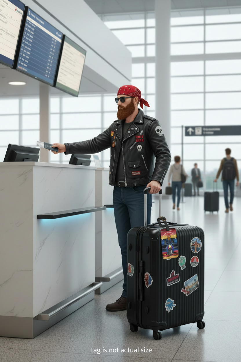 picture of a biker checking in at the airport with a suitcase displaying a biker luggage tag