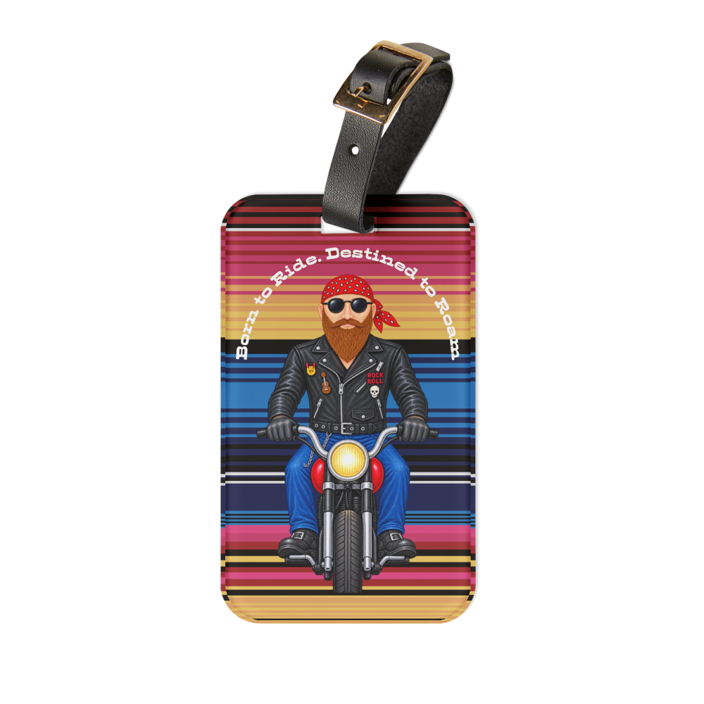 A rectangular luggage tag with a colorful striped background and an illustration of a bearded man wearing sunglasses and a red bandana while riding a motorcycle. The text 'Born to Ride.