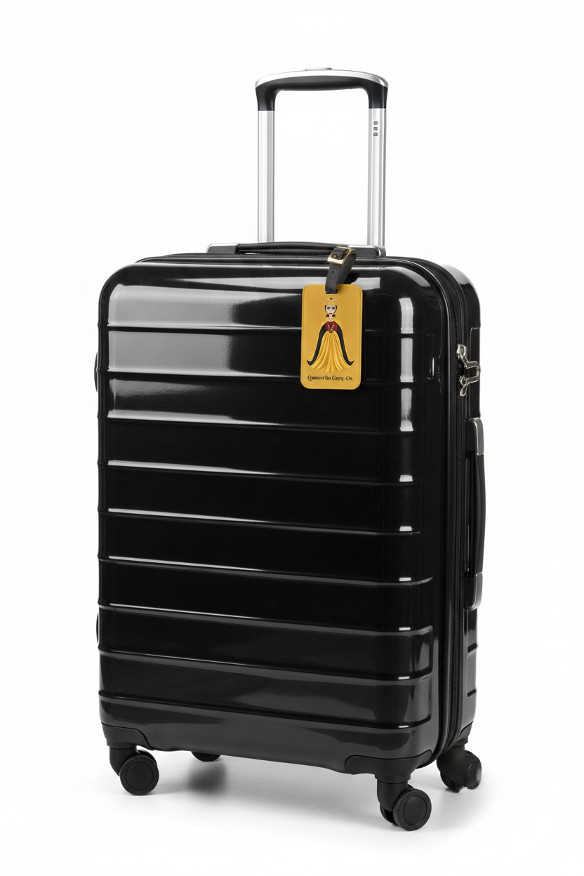 A rectangular yellow luggage tag with rounded corners, featuring an illustration of a queen in a gold and red gown with a black cloak, and the text 'Queen of the Carry-On' at the bottom. It has a black leather strap with a gold buckle at the top, shown against a plain white background.