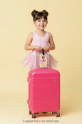 picture of a young girl holding a pink suitcase with a tag that reads TuTu Ready for Takeoff on a yellow background