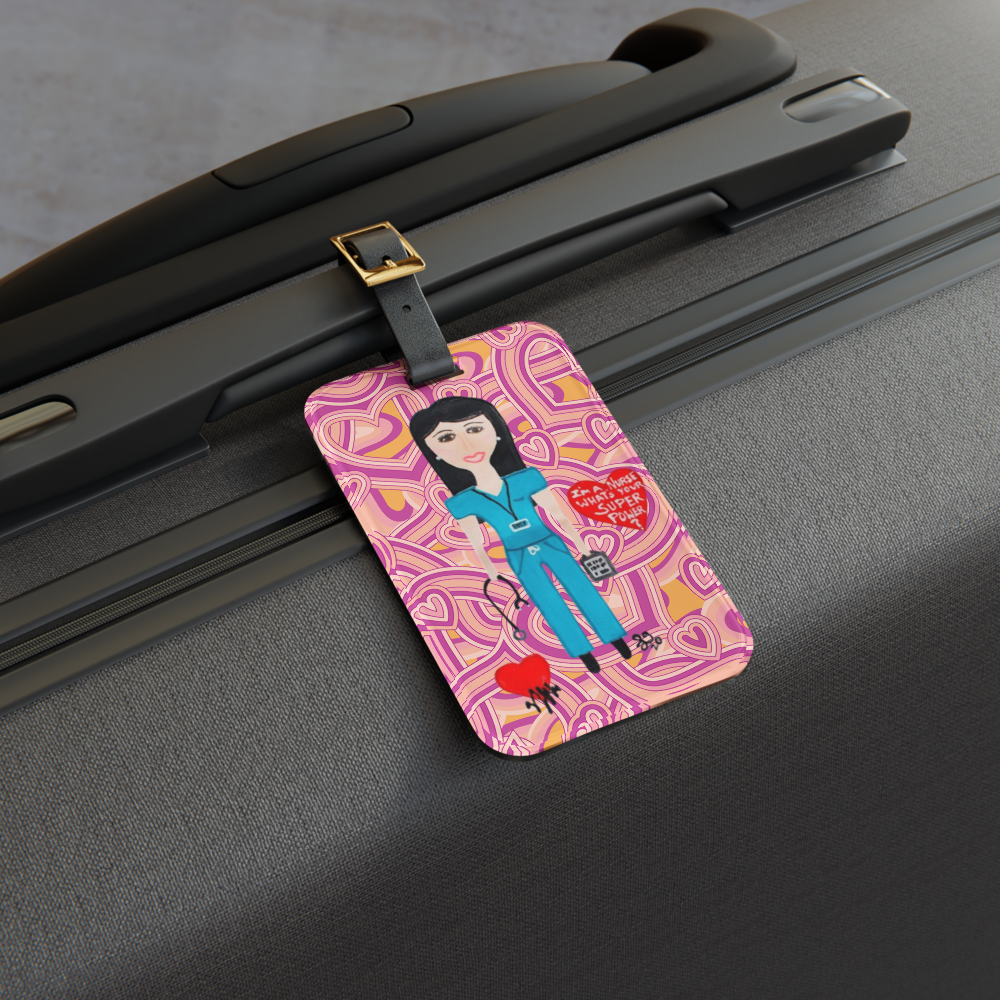 mage of the front side of a luggage tag on a suitcase handle on a white background 