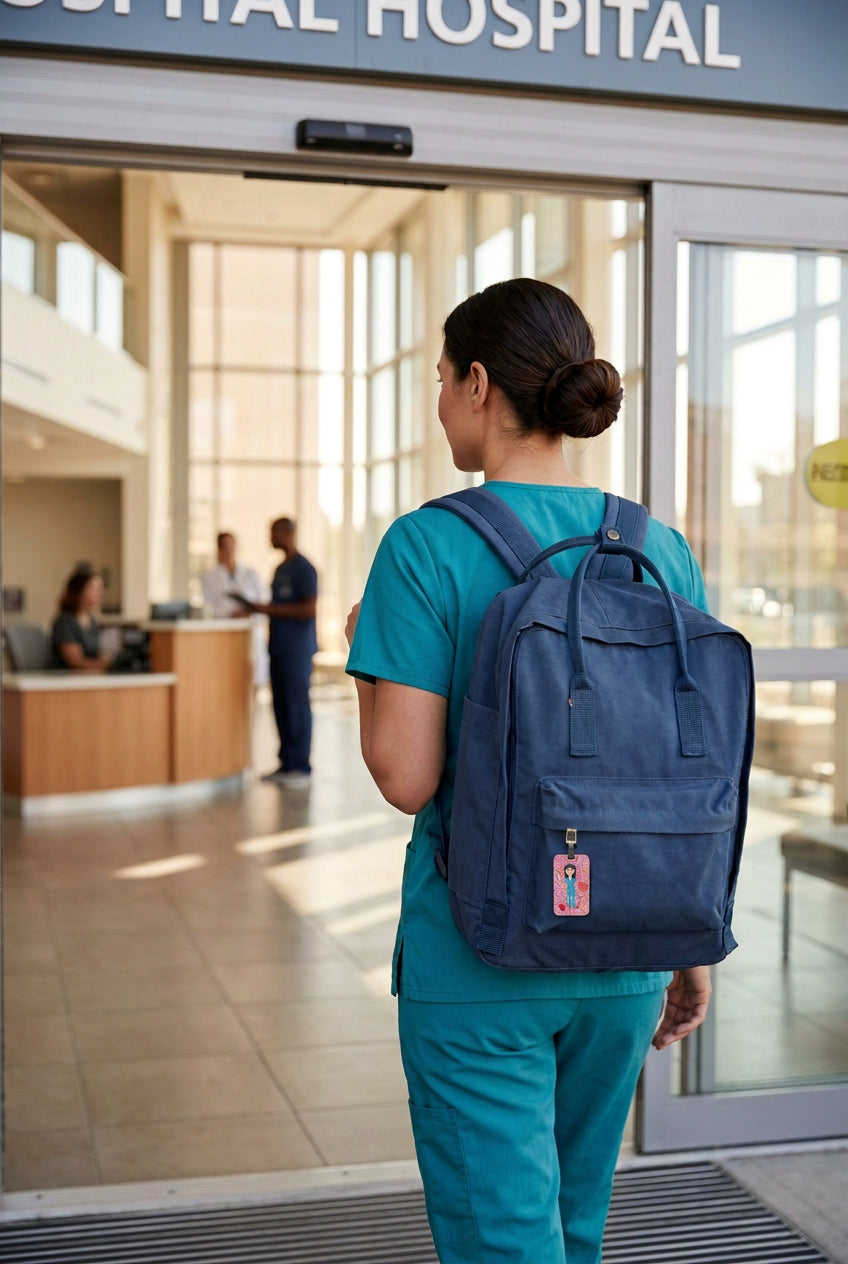 image of a female nurse entering a hospital while carrying a backpack featuring a whimsical character luggage tag