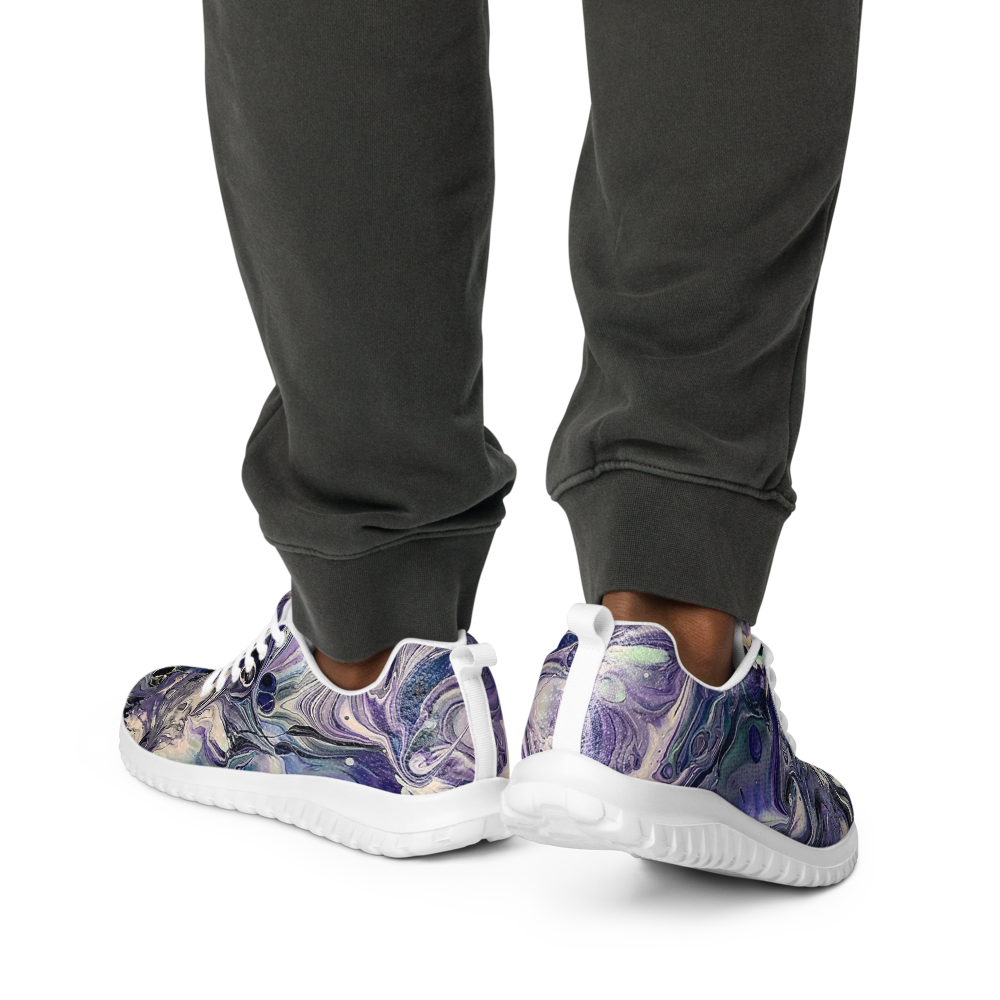 Purple and white sneakers worn with dark gray pants on a white background
