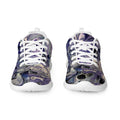 Marbled purple and blue sneakers with white laces on a white background